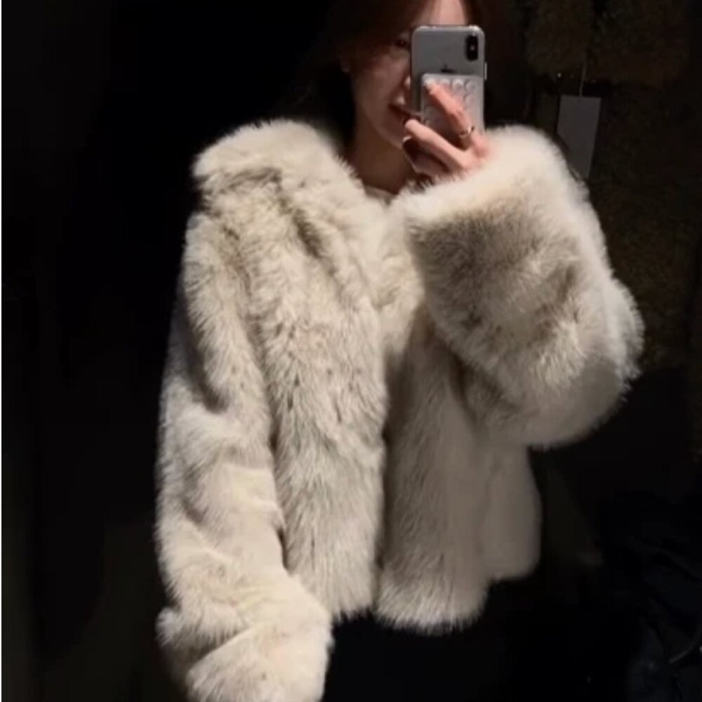 Zara Women Short Faux Fur High Neck Coat Light Beige Cream XS 5320/725 New - Picture 7 of 15